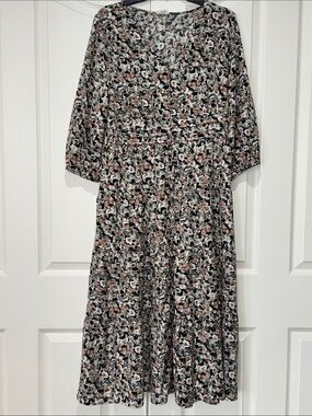 Tribal Black Floral Midi Dress with Blush Accents